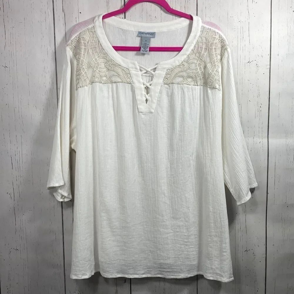 Catherines White Lace Yoke Peasant Tunic Top 3X Cotton Boho Cottagecore Coastal